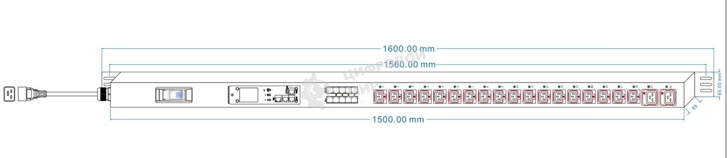 Блок распределения питания Powercom PDU-16AVMS20-18C13-2C19 18xC13+2xC19, 16A, 1,5U (1968234)