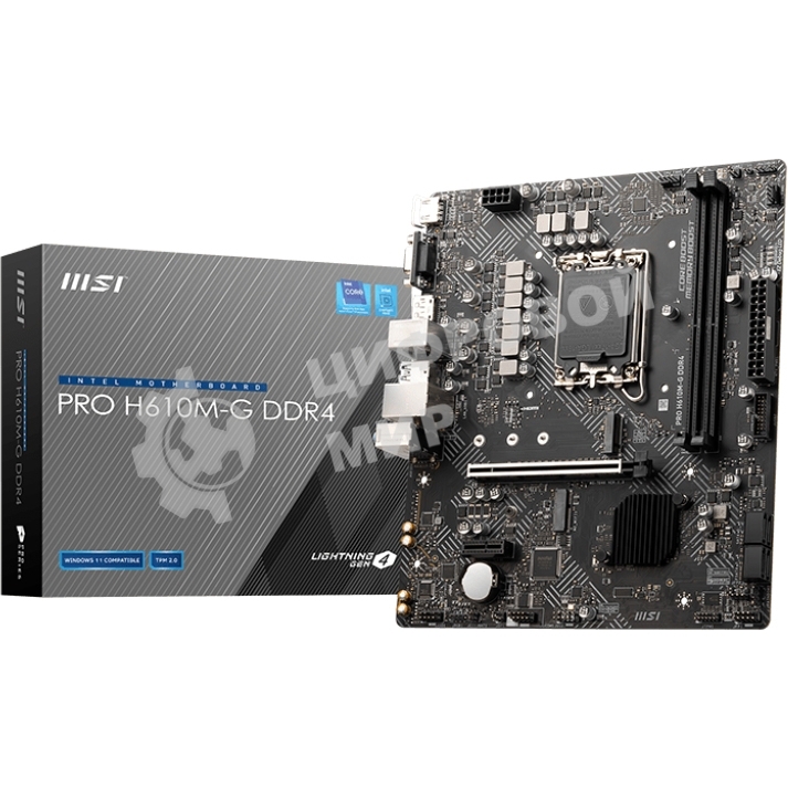 Материнская плата MSI PRO H610M-G DDR4, LGA 1700, Intel H610, 2xDDR4, 4xSATA, 1xM.2, 1xPCIe 4.0 x16, 1xPCIe 3.0 x1, 1xHDMI, 1xDP, 1xVGA, 1xRJ45 1Gb, 2xUSB-A 3.2 Gen 1, 4xUSB-A 2.0, 3x3.5мм, 7.1, mATX