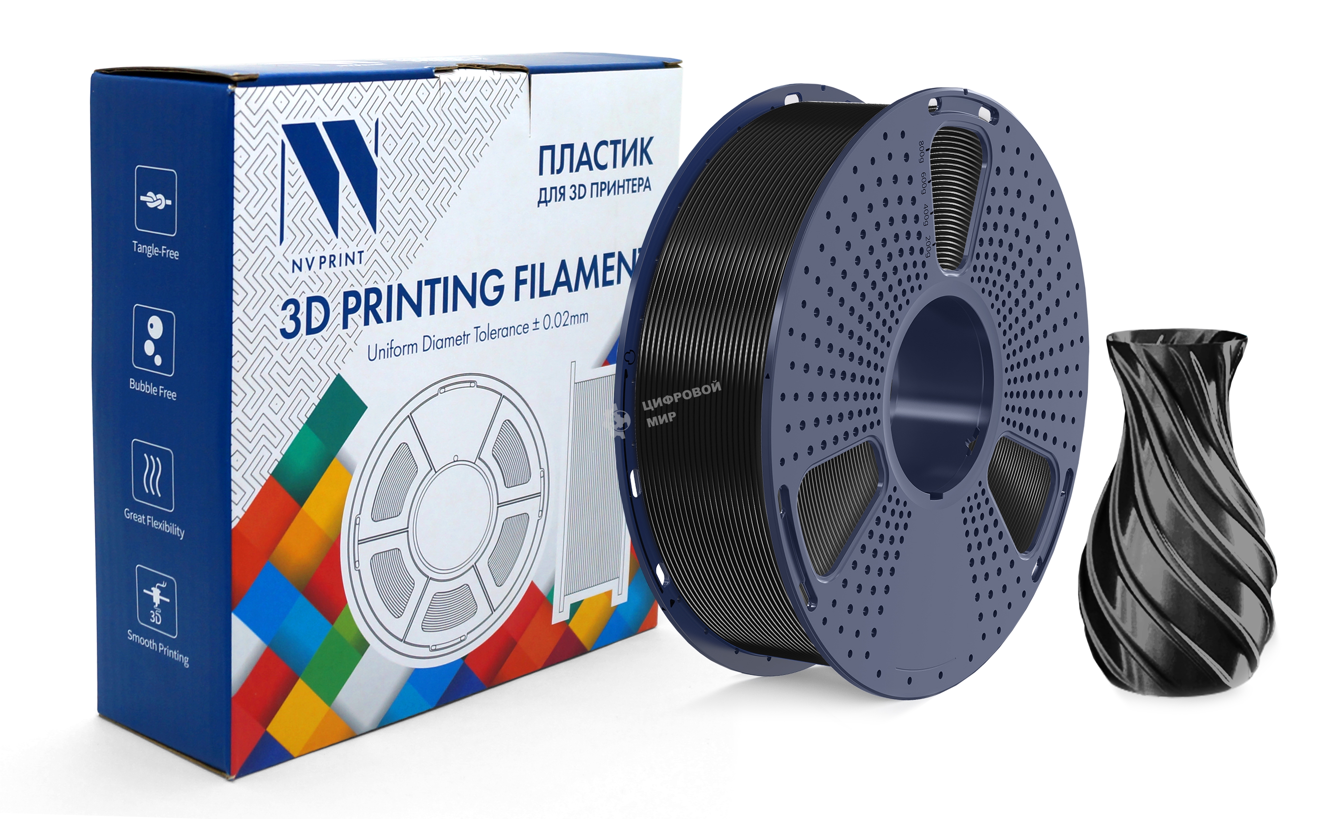 Филамент NVPrint TPU Silk Black для 3D печати диаметр 1.75мм длина 330 метров масса 1 кг
