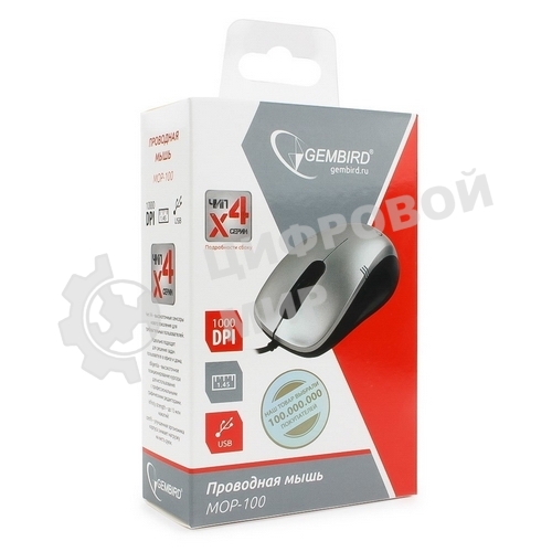 Мышь проводная Gembird MOP-100-S серебристый, 1000 dpi, USB, кнопки - 3