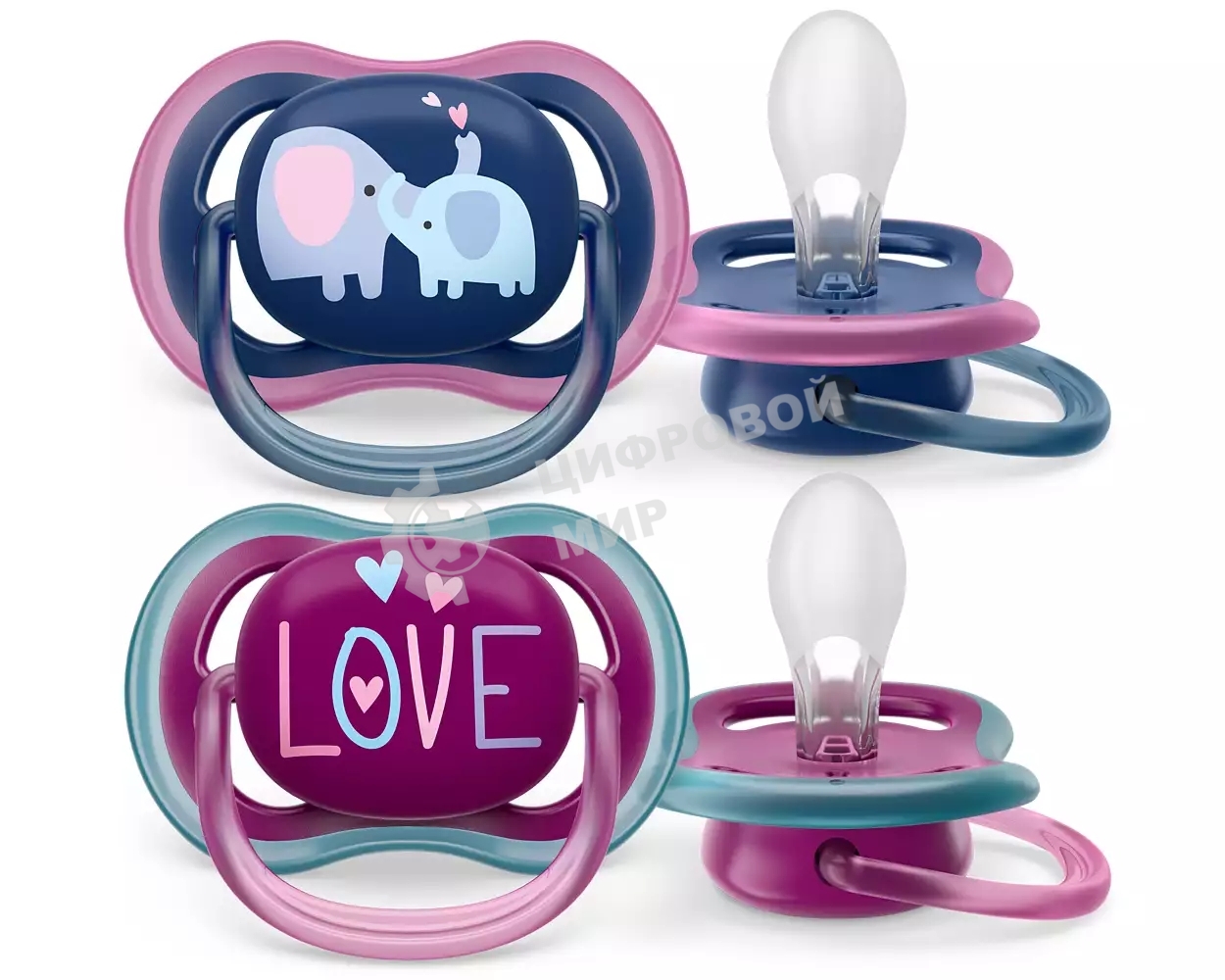 Пустышка Philips ultra air, слоники/LOVE, 18+ мес., 2 шт.