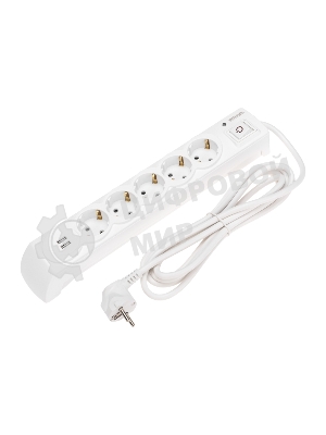 Сетевой фильтр 5 гнезд, 3м, 3х1,5мм², с автовыкл, 2 USB, белый Kranz