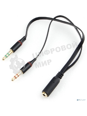 Кабель аудио Cablexpert CCAB-02-35F2M-0.2MB. 3.5 Jack 4pin(F)/2х 3.5 Jack(M) наушники и микрофон, черный, 0.2м, блистер