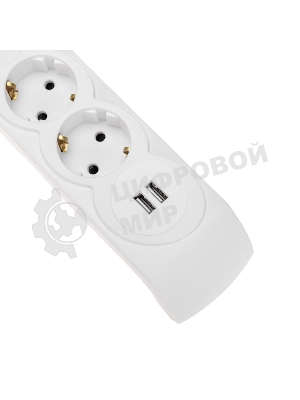Сетевой фильтр 5 гнезд, 3м, 3х1,5мм², с автовыкл, 2 USB, белый Kranz