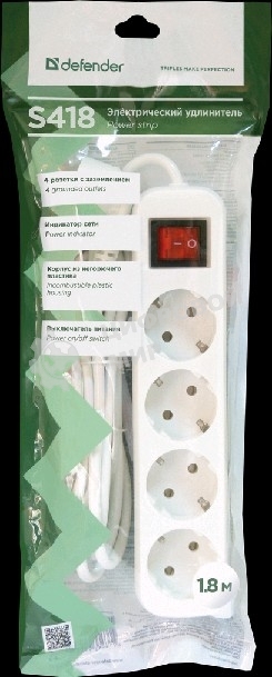 Удлинитель Defender S418 белый 1.8 м, 4 розетки 