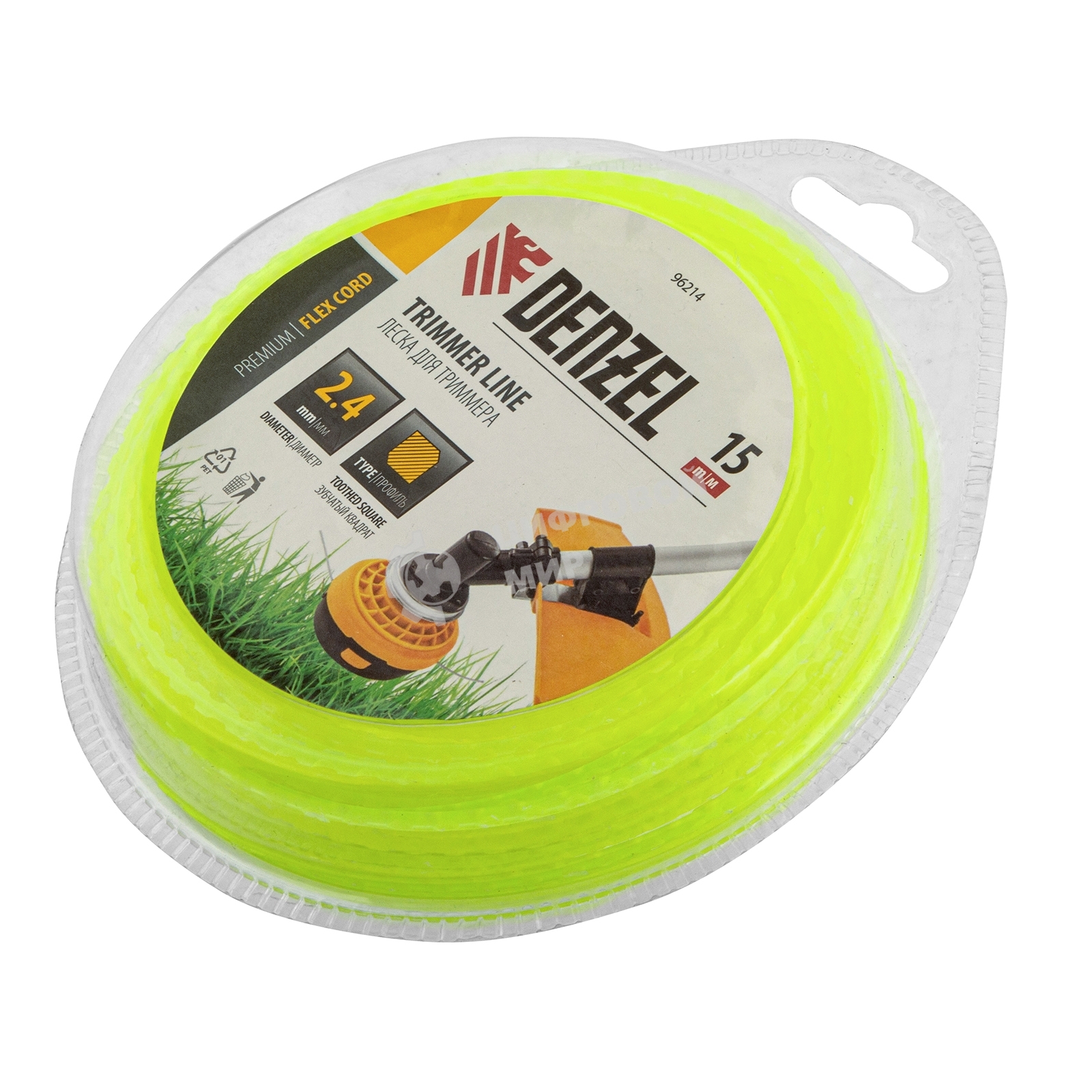 Леска для триммера зубчатый квадрат, 2,4мм х 15м, блистер FLEX CORD Denzel