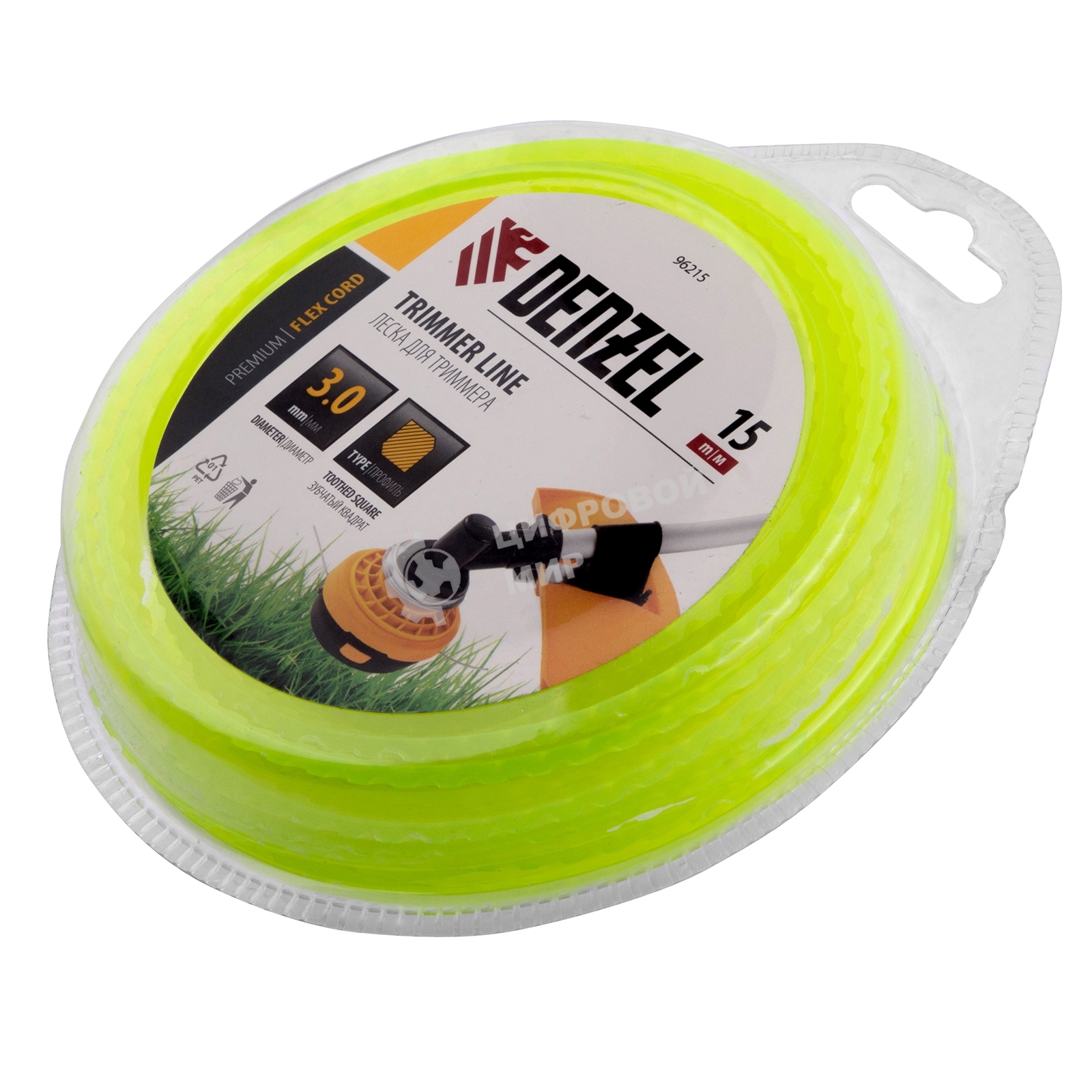 Леска для триммера Denzel зубчатый квадрат, 3мм х 15м, блистер FLEX CORD