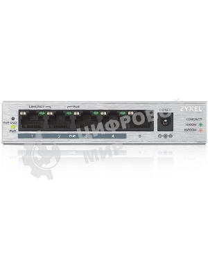Коммутатор Zyxel GS1005HP Switch PoE +, 5xGE (4xPoE +), desktop, metal, silent, PoE budget 60 W