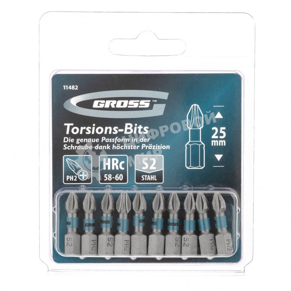 Набор бит торсионных Gross PH2x25 мм, для ударных шуруповертов, 10 шт.