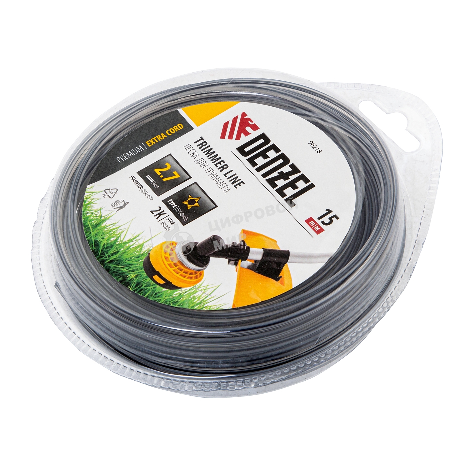 Леска для триммера Denzel двухкомпонентная звезда, 2,7мм х 15м, блистер EXTRA CORD