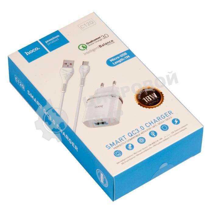 Сетевое зарядное устройство + Кабель Micro HOCO HC-16286 C12Q/1m/QC 3.0/1 USB/Выход: 5V_9V_12V, 18W, белый