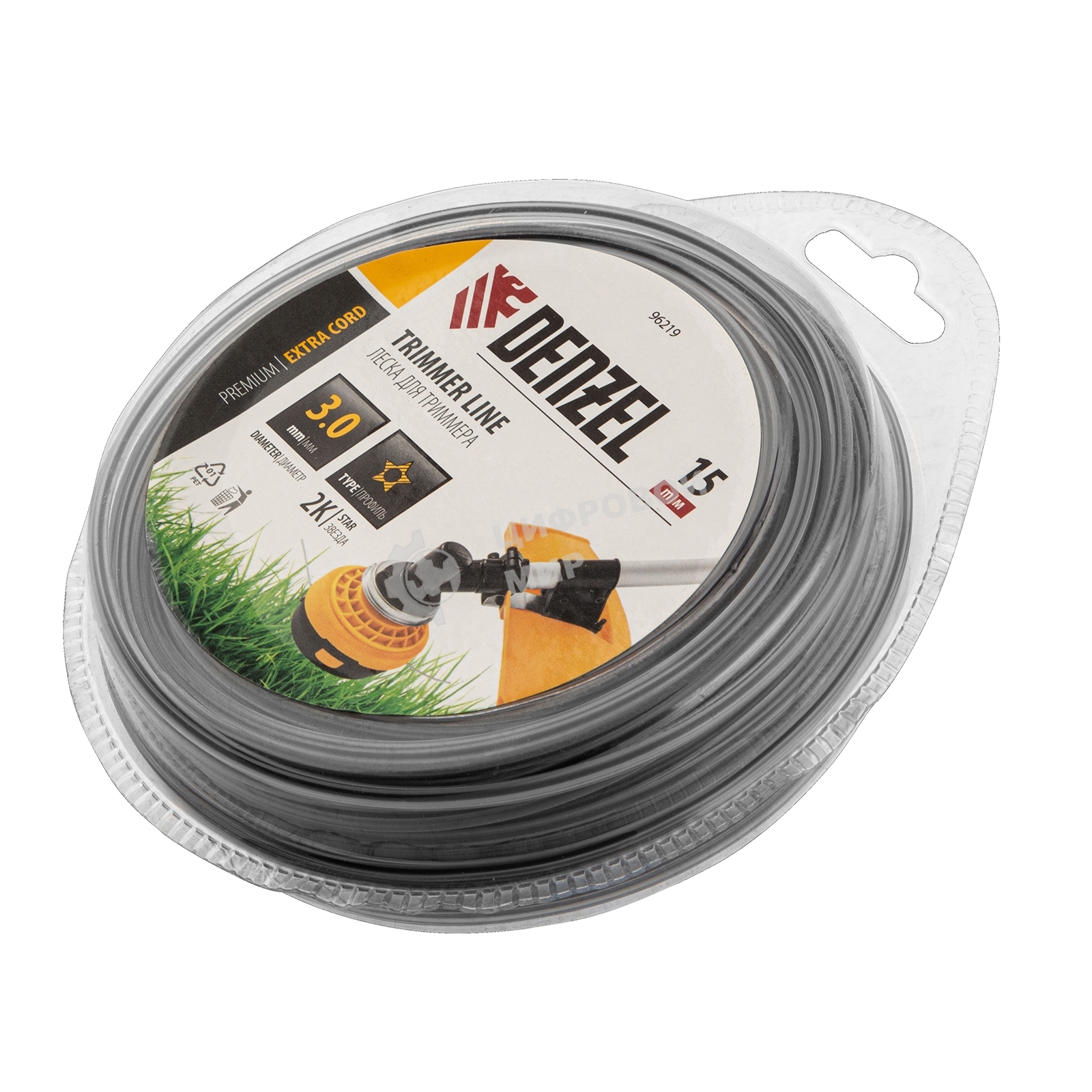 Леска для триммера Denzel двухкомпонентная звезда, 3,0мм х 15м, блистер EXTRA CORD