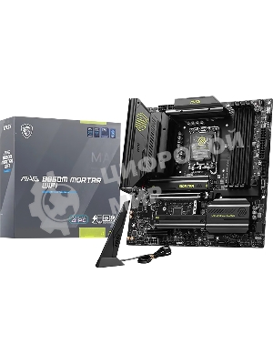 Материнская плата MSI MAG B860M MORTAR WIFI, LGA 1851, Intel B860, 4xDDR5 (до 256 ГБ), 4xSATA, 3xM.2 (1xPCIe 5.0, 2xPCIe 4.0), 1xPCIe 5.0 x16, 1xPCIe 4.0 x4, 1xHDMI, 1xDP, 1x5Gb LAN, Wi-Fi 7, Bluetooth 5.4, 1xUSB-C 40Gbps (Thunderbolt 4), 1xUSB-C 10Gbps, 3xUSB-A 10Gbps, 4xUSB-A 2.0, 3x3.5 мм + S/PDIF оптический, 7.1, чёрный, mATX