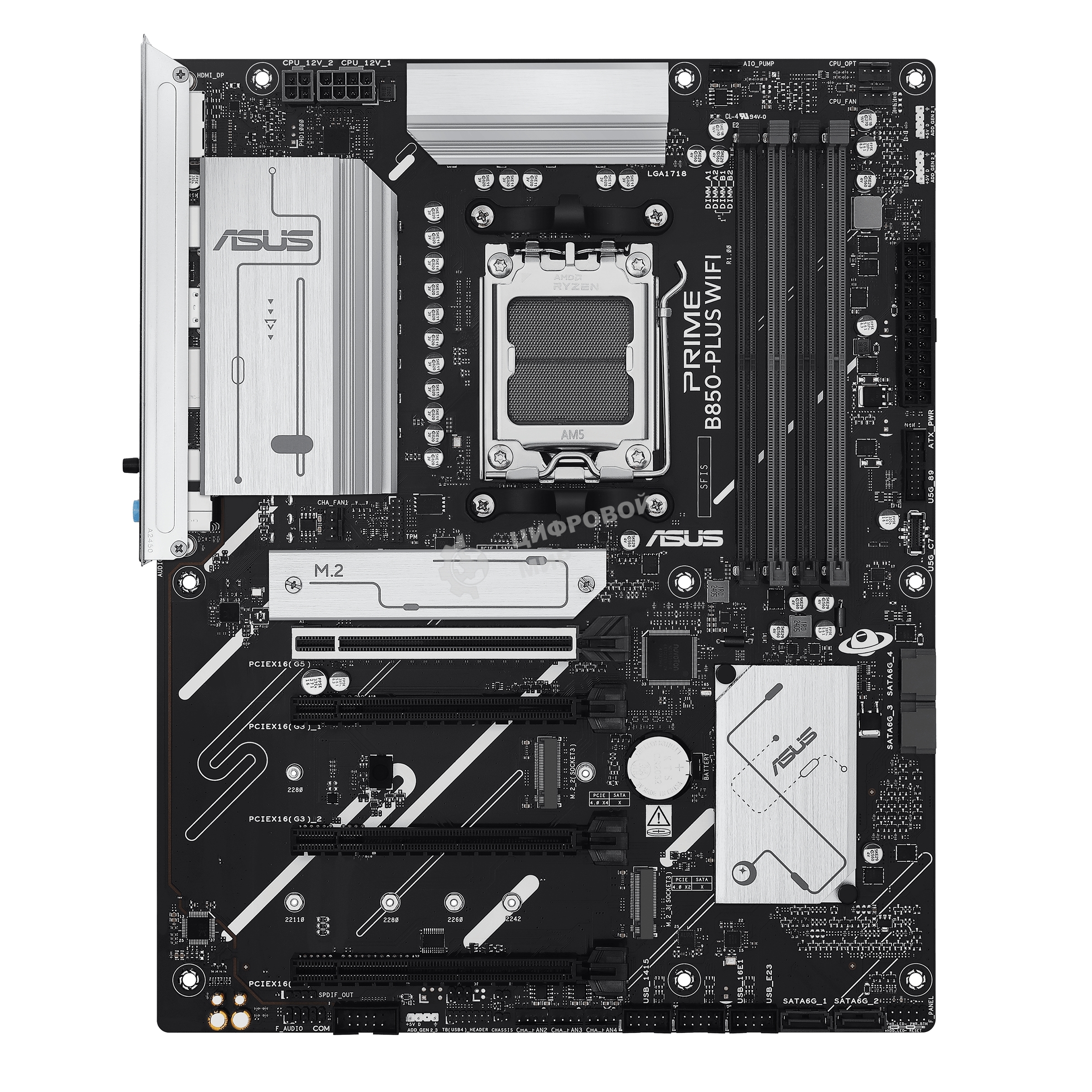 Материнская плата ASUS PRIME B850-PLUS WIFI, AM5, AMD B850, 4xDDR5, 4xSATA, 3xM.2, 1xPCIe 5.0 x16, 1xPCIe 4.0 x16, 2xPCIe 3.0 x1, 1xDP, 1xHDMI, 1x2.5Gb LAN, Wi-Fi 6E, Bluetooth 5.3, 4xUSB-A 10Gbps, 1xUSB-C 10Gbps, 2xUSB-A 5Gbps, 2xUSB-A 2.0, 3x3.5 мм, 7.1