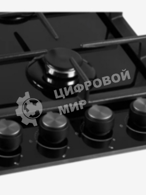 Варочная поверхность MONSHER, High-Tech, газ, 59 см, газ-контроль, автоматический электроподжиг, чугунные решетки, форсунки под сжиженый газ, конфорки SABAF, поворотные переключатели, цвет черное стекло