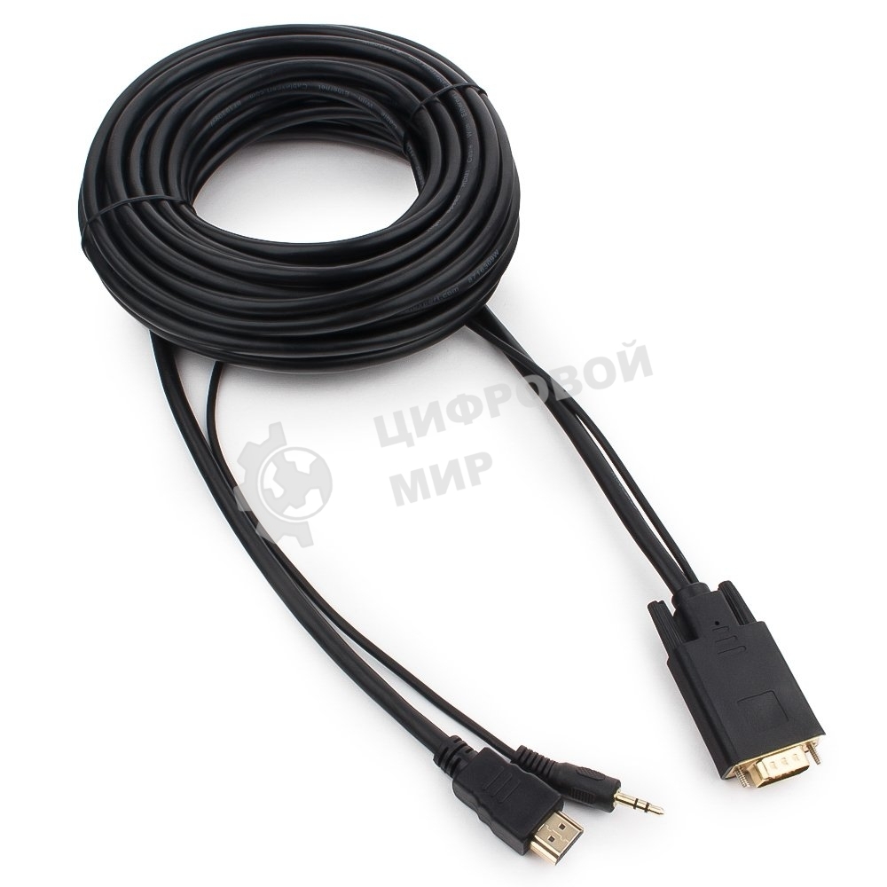 Кабель HDMI->VGA Cablexpert A-HDMI-VGA-03-10M, 19M/15M + 3.5Jack, медь, позол.разъемы, 10м, черный, пакет
