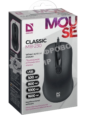 Мышь проводная Defender Classic MB-230 черный, 1600 dpi, USB, кнопки - 4