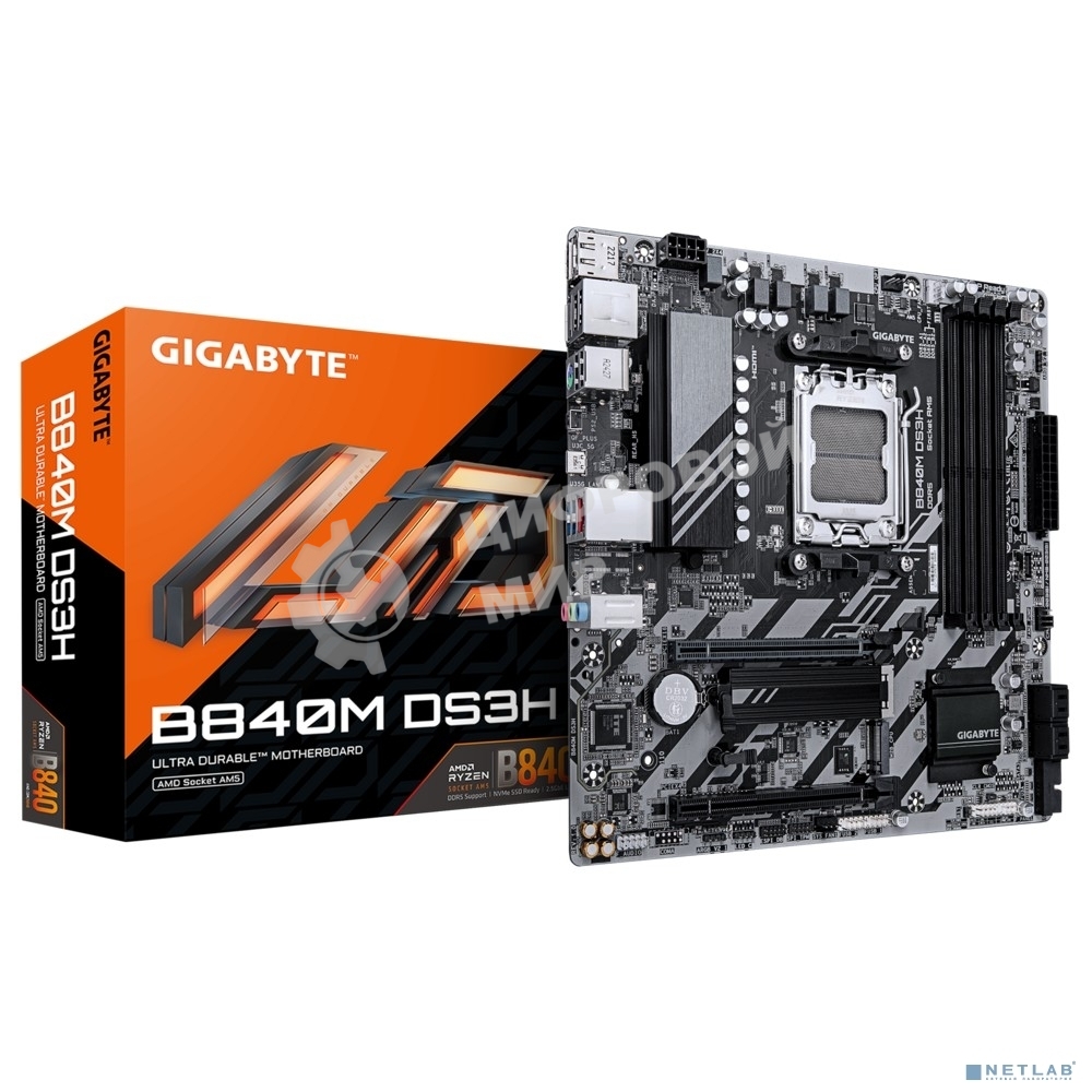 Материнская плата Gigabyte B840M DS3H, AM5, AMD B840, 4xDDR5, 4xSATA, 2xM.2, 1xPCIe 4.0 x16, 1xPCIe 3.0 x4, 2xDP, 1xHDMI, 1x2.5Gb LAN, 3xUSB-A 5Gbps, 8xUSB-A 2.0, 1xUSB-C 5Gbps, 3x3.5 мм, 7.1, mATX