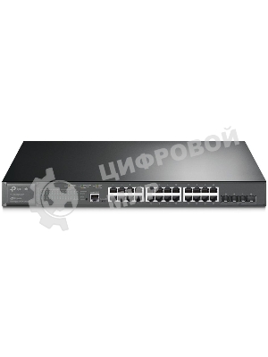 Коммутатор TP-Link 24-port Gigabit Managed PoE switch with 4 10G SFP+ ports, support 802.3af/at PoE, 1 console port, 19-inch rack mount, support L2/L2+ features.