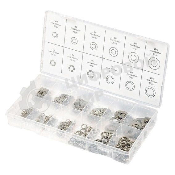 Набор шайб и гроверов Сибртех, D ш: 3, 4, 5, 6, 8, 10 мм, D г: 3, 4, 5, 6, 8, 10 мм, 350 предметов