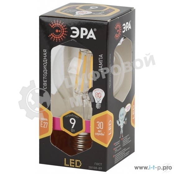 Лампа светодиодная ЭРА F-LED A60-9W-827-E27 (филамент, груша, 9Вт, тепл, Е27)