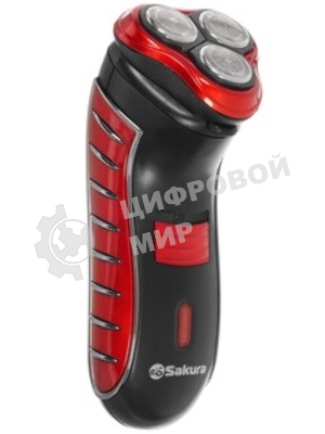 Электробритва Sakura SA-5414RB красно-черный(Бритва электрическая, сухое бритье, работа от аккумулятора. 3 бреющие головки. Индикатор заряда батарейки. Защитная крышка. Щеточка для очистки.)