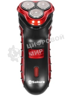 Электробритва Sakura SA-5414RB красно-черный(Бритва электрическая, сухое бритье, работа от аккумулятора. 3 бреющие головки. Индикатор заряда батарейки. Защитная крышка. Щеточка для очистки.)