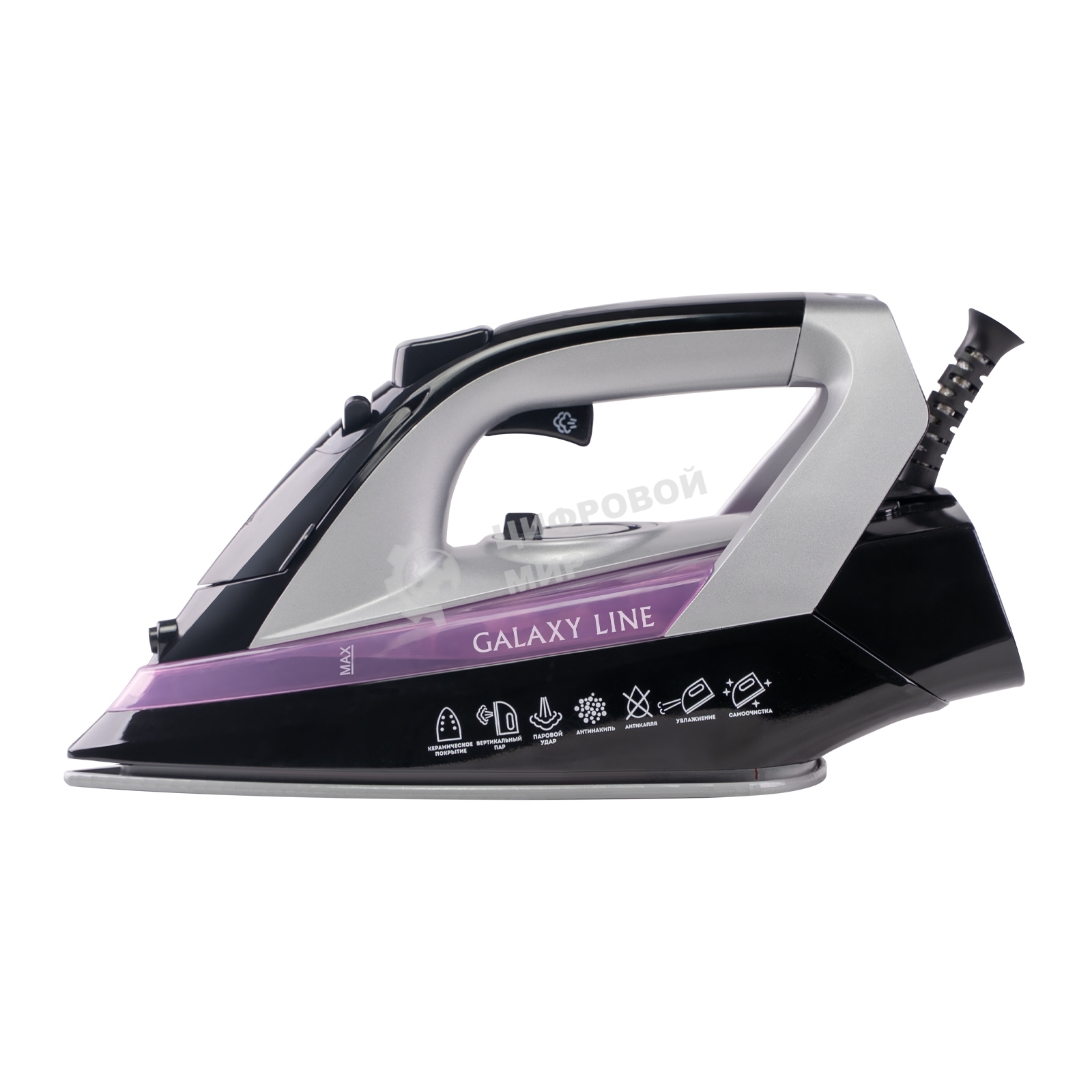 Утюг Galaxy Line GL 6128, фиолетовый с черным, паровой, 2200 Вт, постоянный пар 30 г/мин, паровой удар 140 г/мин, функции: самоочистка, антикапля, антинакипь, функция увлажнения, вертикальное отпаривание, защита от перегрева, индикатор нагрева, керамическ