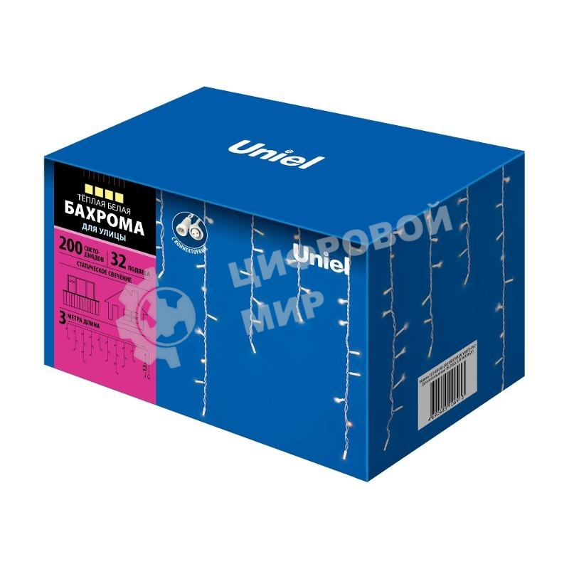 Бахрома светодиодная со статическим свечением, 3м ULD-B3010-200/SWK WARM WHITE IP67 Соединяемая 200 светодиодов Теплый белый свет Провод белый
