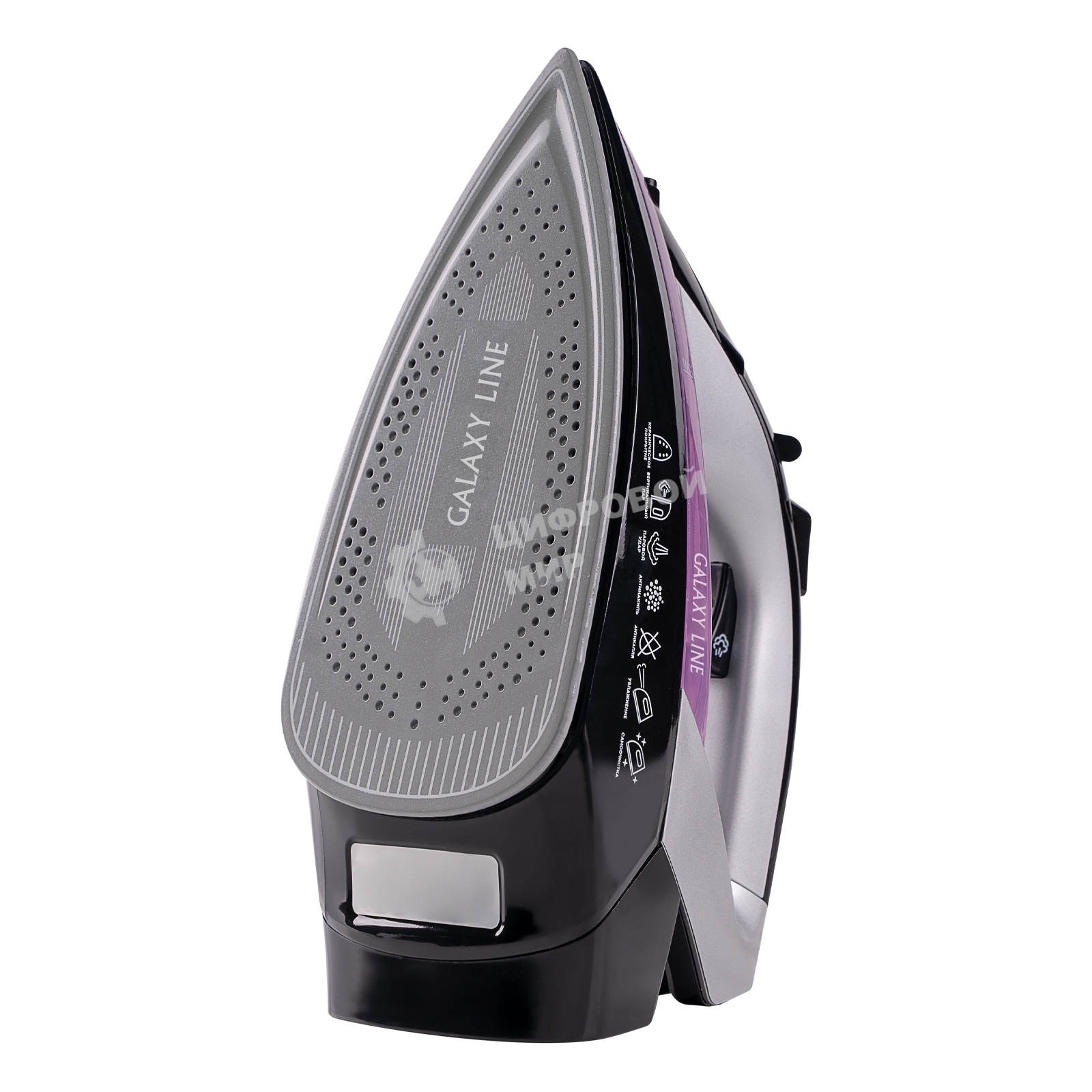 Утюг Galaxy Line GL 6128, фиолетовый с черным, паровой, 2200 Вт, постоянный пар 30 г/мин, паровой удар 140 г/мин, функции: самоочистка, антикапля, антинакипь, функция увлажнения, вертикальное отпаривание, защита от перегрева, индикатор нагрева, керамическ