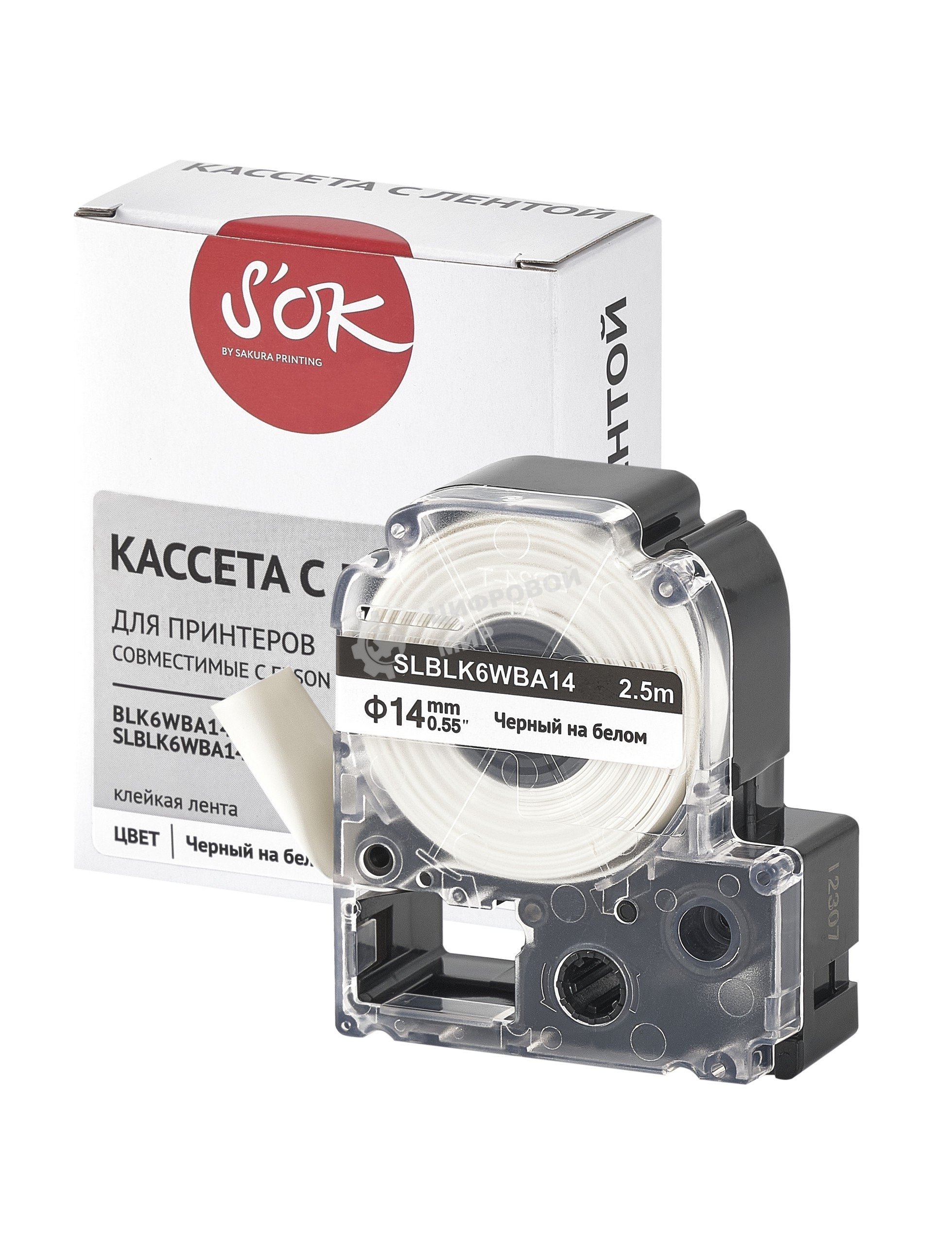 Кассета с лентой S'OK by Sakura Printing BLK6WBA14 для Epson, черный на белом, 14мм/2.5м