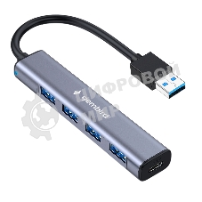 Разветвитель USB3.1 Gembird UHB-C484, 4хUSB, с доп.питанием (порт Type-C), кабель USB 19см, алюминий, коробка