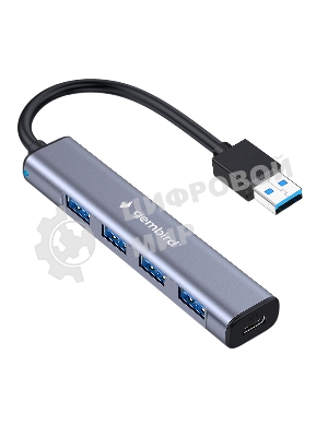 Разветвитель USB3.1 Gembird UHB-C484, 4хUSB, с доп.питанием (порт Type-C), кабель USB 19см, алюминий, коробка