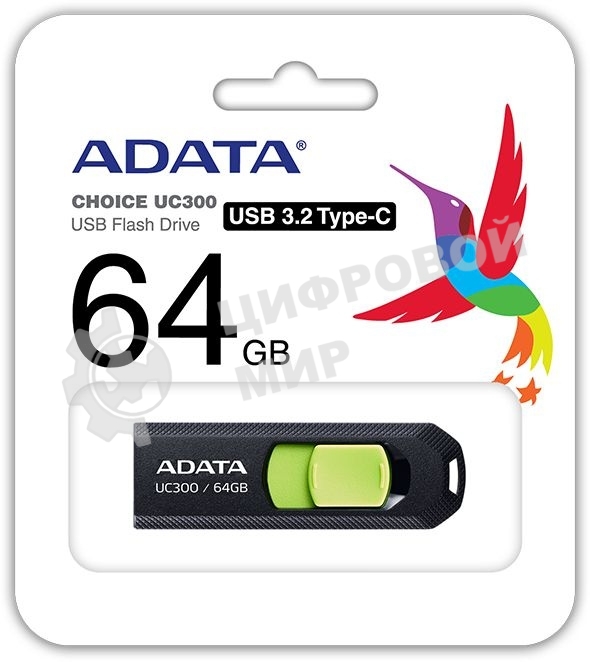 Флешка USB ADATA UC300 (ACHO-UC300-64G-RBK/GN), 64Gb, Type-C USB 3.2, R/W 100/30, черный/зеленый