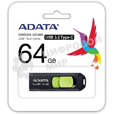 Флешка USB ADATA UC300 (ACHO-UC300-64G-RBK/GN), 64Gb, Type-C USB 3.2, R/W 100/30, черный/зеленый