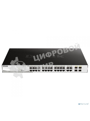 Коммутатор D-Link DGS-1210-28MP/FL1A, L2 Managed Switch with 24 10/100/1000Base-T ports and 4 100/1000Base-T/SFP combo-ports (24 PoE ports 802.3af/802.3at (30 W), PoE Budget 370 W).8K Mac address, 802.3x Flow C
