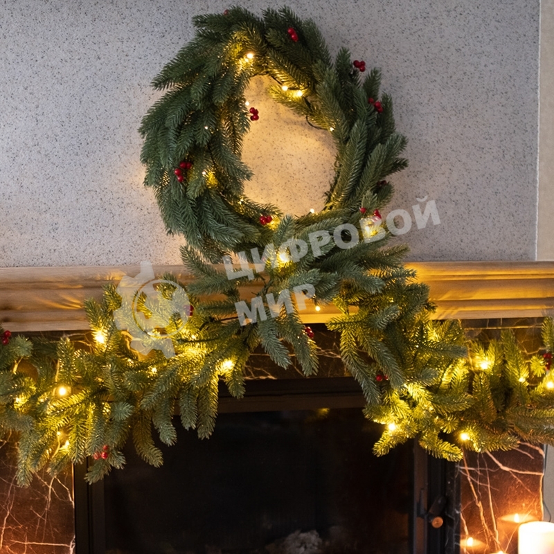 Еловый венок с ягодами и гирляндой Neon-night Ø 45 см, 20 LED, 2 х АА, литой, теплое белое свечение