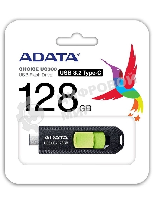 Флешка USB ADATA UC300 (ACHO-UC300-128G-RBK/GN), 128Gb, Type-C USB 3.2, R/W 100/30, черный/зеленый