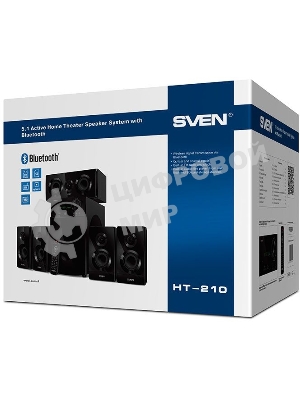 Аудиоколонки SVEN HT-210, черный, акустическая система 5.1, мощность (RMS):50Вт+5x15Вт, Bluetooth, Optical, Coaxial, FM-тюнер, USB/SD, дисплей, ПДУ