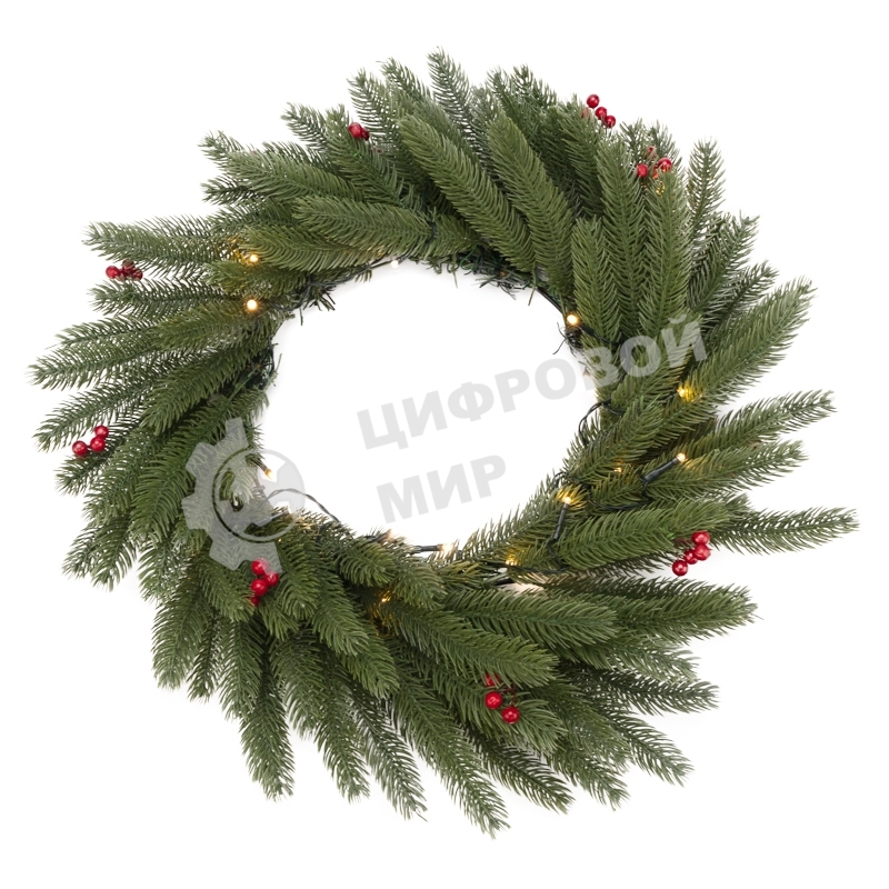 Еловый венок с ягодами и гирляндой Neon-night Ø 45 см, 20 LED, 2 х АА, литой, теплое белое свечение