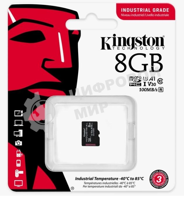 Флеш карта microSDHC 8Gb Class10 Kingston <SDCIT2/8GbSP> Industrial Temperature Class UHS-I без адаптера
