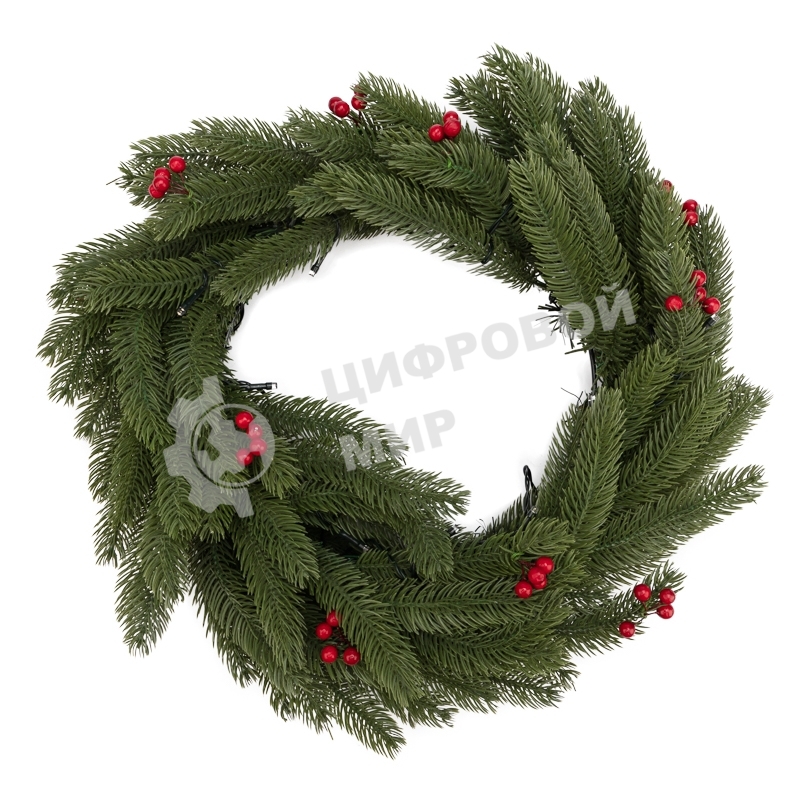 Еловый венок с ягодами и гирляндой Neon-night Ø 45 см, 20 LED, 2 х АА, литой, теплое белое свечение