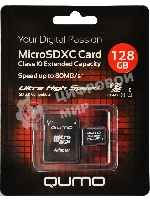 Флеш карта Micro SecureDigital 128Gb QUMO QM128GMICSDXC10U1 MicroSDXC Class 10 UHS-I, SD adapter