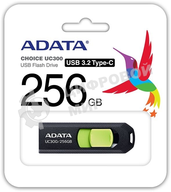 Флешка USB ADATA UC300 (ACHO-UC300-256G-RBK/GN), 256Gb, Type-C USB 3.2, R/W 100/30, черный/зеленый
