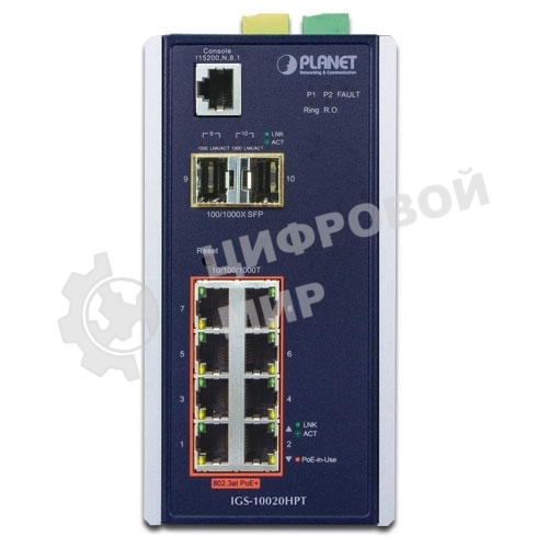 Коммутатор индустриальный PoE IGS-10020HPT для монтажа в DIN-рейку IP30 L2+ SNMP Manageable 8-Port Gigabit POE+(AT) Switch + 2-Port Gigabit SFP Industrial Switch (-40 to 75 C), ERPS Ring Supported, 1588