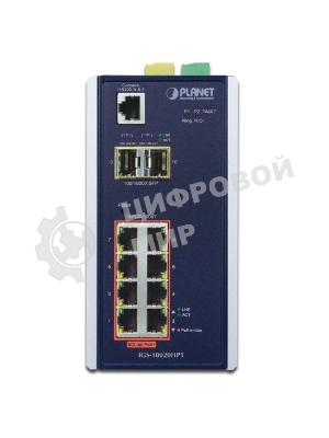 Коммутатор индустриальный PoE IGS-10020HPT для монтажа в DIN-рейку IP30 L2+ SNMP Manageable 8-Port Gigabit POE+(AT) Switch + 2-Port Gigabit SFP Industrial Switch (-40 to 75 C), ERPS Ring Supported, 1588