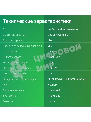 Портативный аккумулятор Digma DGPD100WA 20000mAh QC3.0/PD3.0 100W 5A 2xUSB-A/2xUSB-C черный