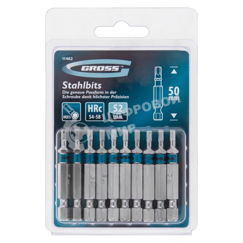 Набор бит GROSS HEX 3x50, сталь S2, 10 шт GROSS 11462
