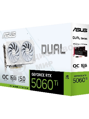 Видеокарта ASUS GeForce RTX 5060 TI DUAL WHITE OC, NVIDIA RTX 5060 Ti, 16 ГБ GDDR7, 128 бит, PCI-e 5.0, 1xHDMI, 3xDP, 2632 МГц