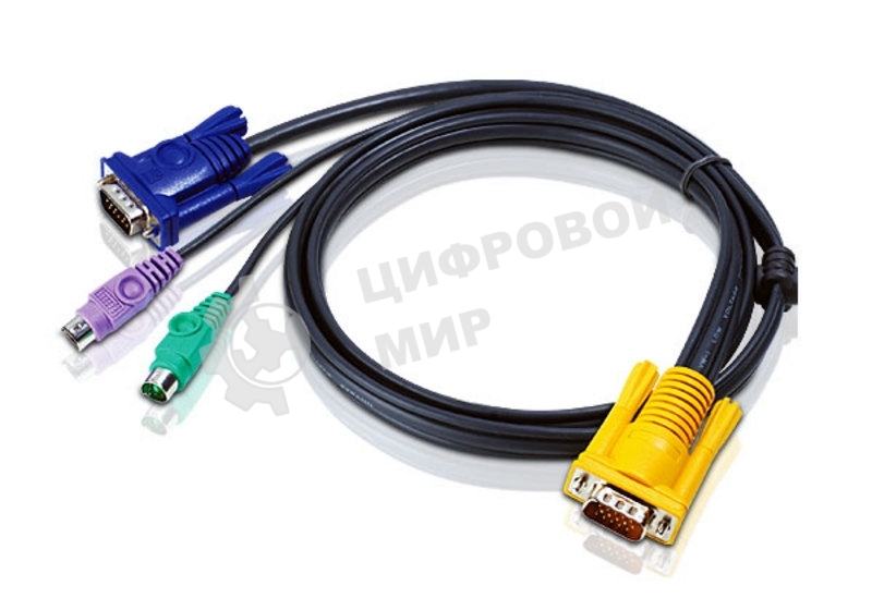 Шнур, мон+клав+мышь PS/2, SPHD15=>HD DB15+2x6MINI-DIN ATEN (2L-5202P) Male-3xMale, 8+6+6 проводов, опрессованный, 1.8 метр., черный